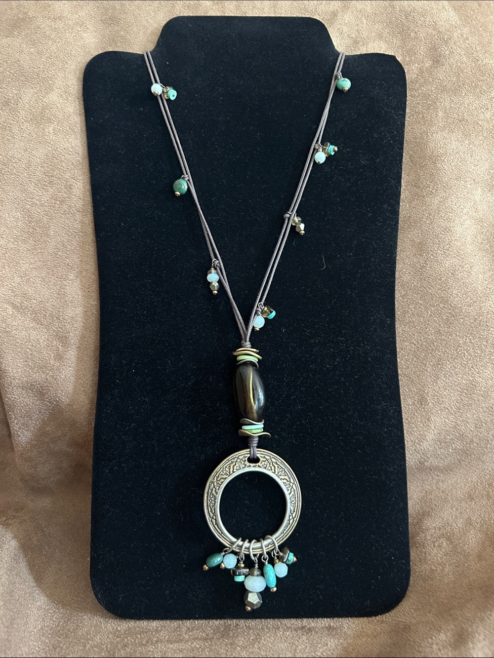 Silpada Turquoise Accent Brown Cord Necklace with Decorative Silver Ring